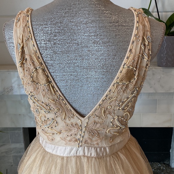 Free People Deja Vu Beaded Embroidered Rose Gold Tulle Mini Dress Size 10 - Picture 11 of 16